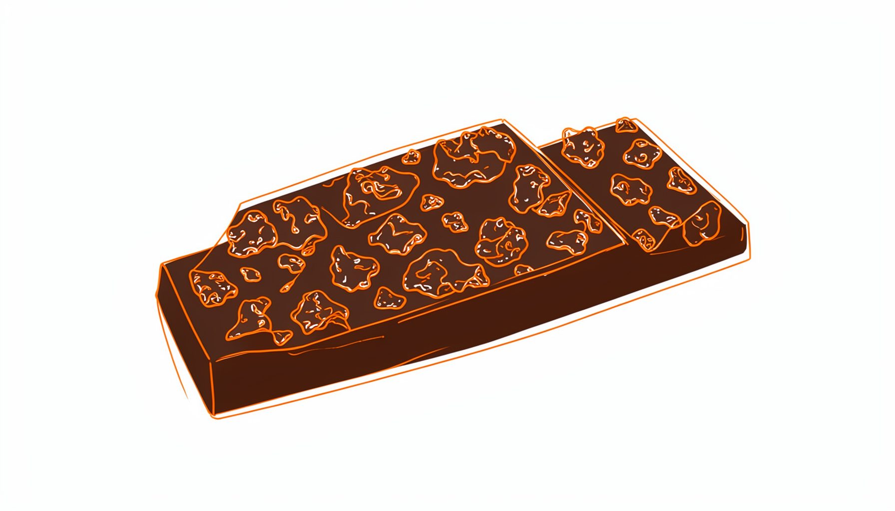 A chocolate bar with clusters of crunchy caramelized pieces scattered across a smooth dark chocolate base.