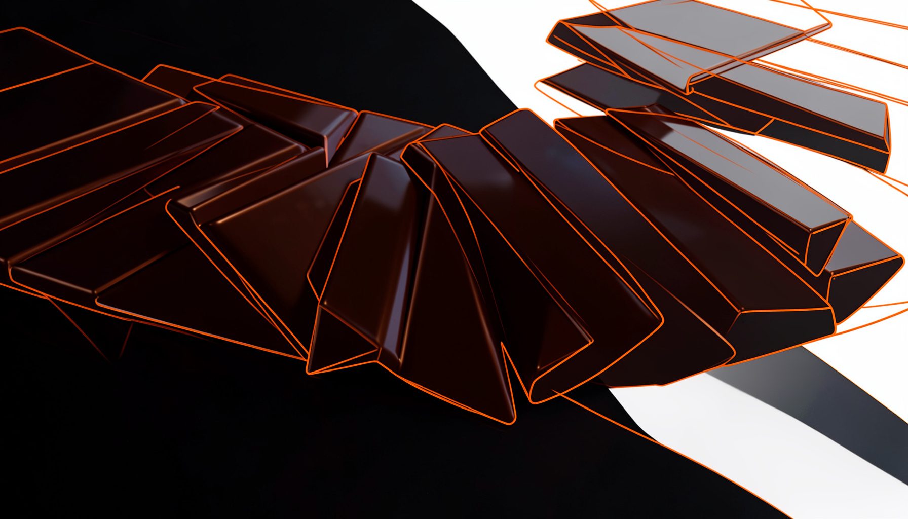 A row of glossy Belgian chocolate bars in rich brown tones, arranged on a dark surface with subtle warm highlights.