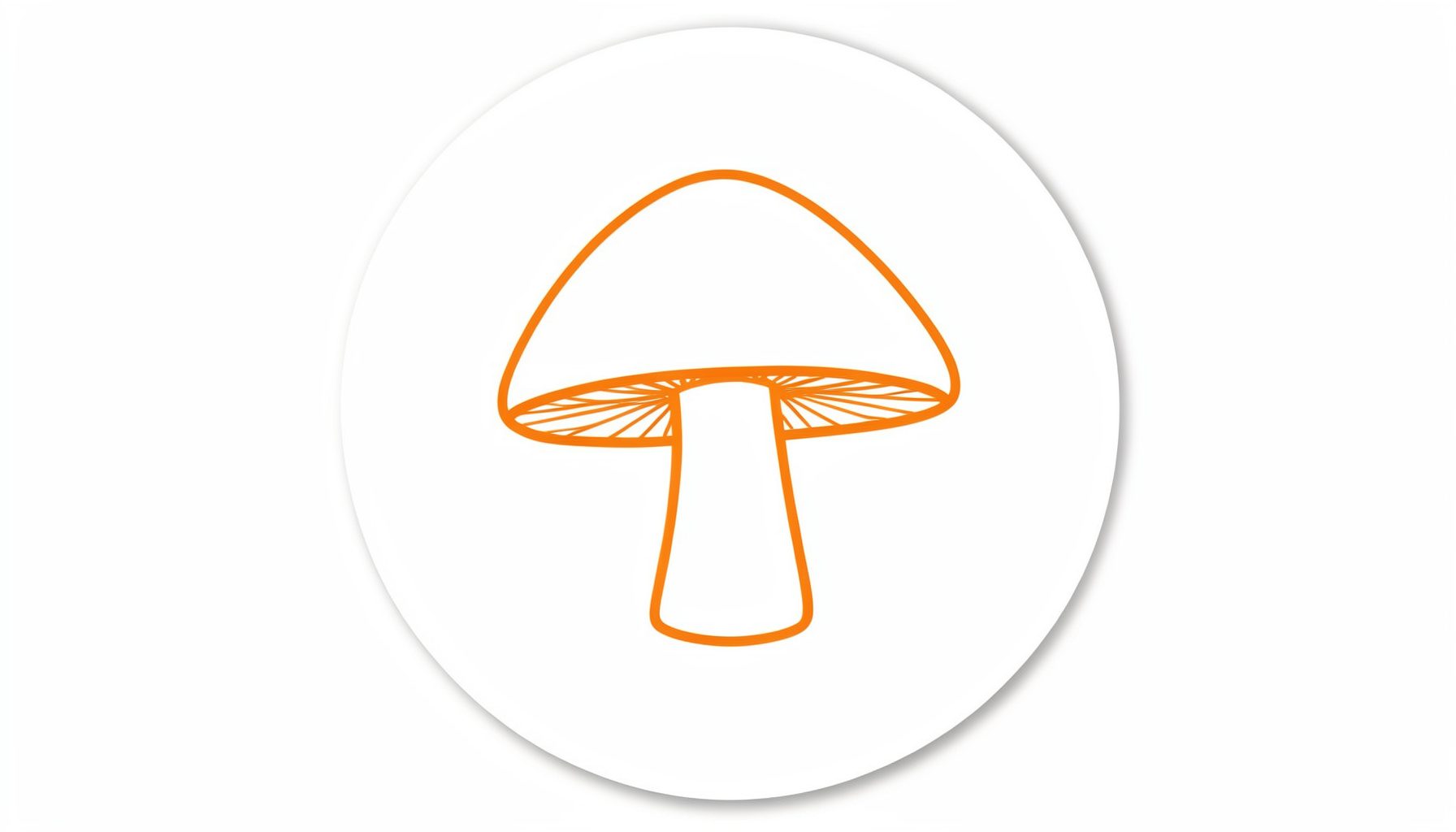 Simple line drawing of a mushroom silhouette in warm orange on a white circular badge, conveying natural and friendly vibes
