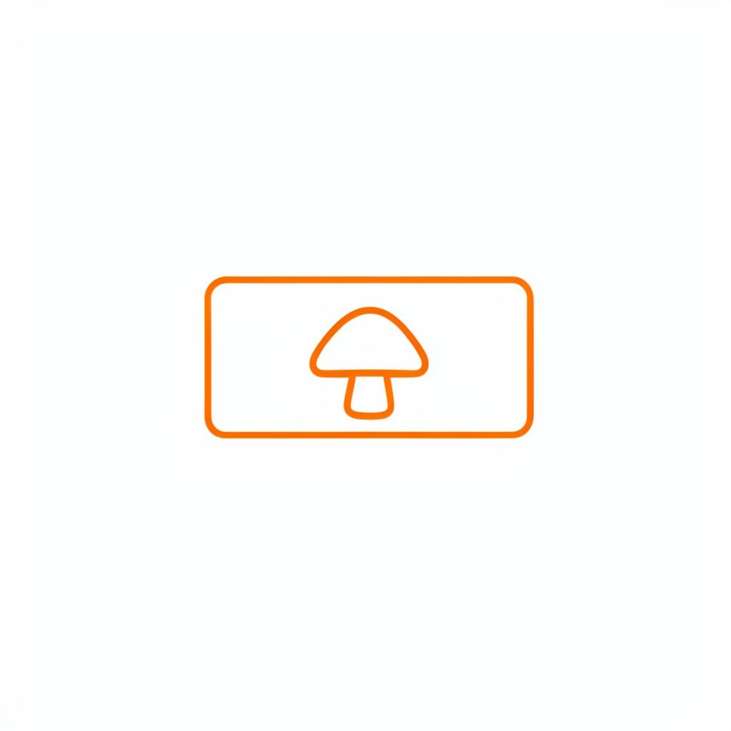 Simple line icon of a chocolate bar with a small mushroom motif, orange outline on white