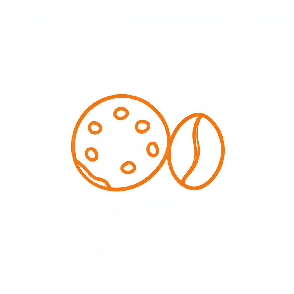 Simple line icon of a cookie and cocoa bean side by side, orange outline