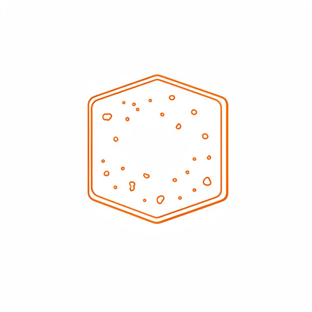 Simple line icon of a crunchy chocolate square with speckled texture, orange outline