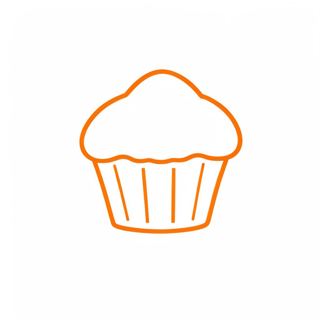 Simple line icon of a muffin shape with subtle mushroom cap detail, orange outline