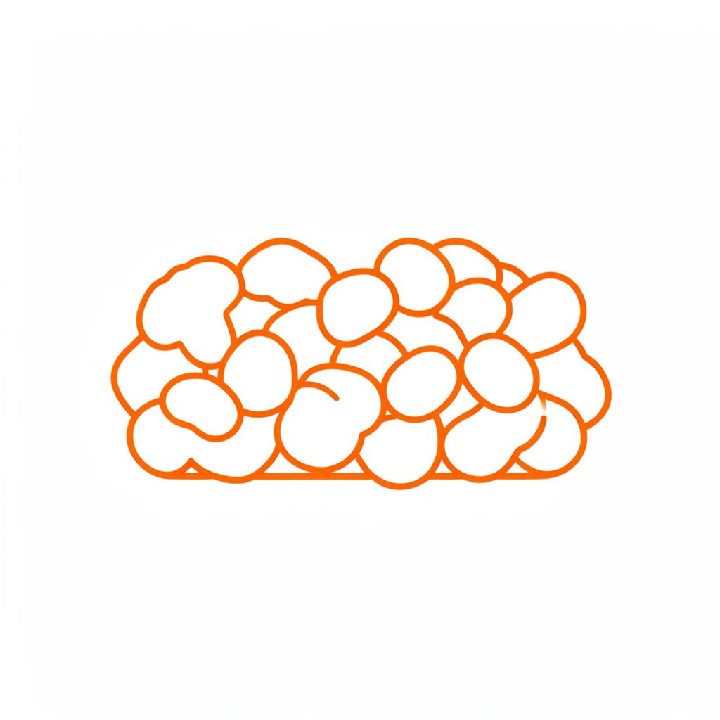 Simple line icon of clustered crunchy pieces in a bar shape, orange outline